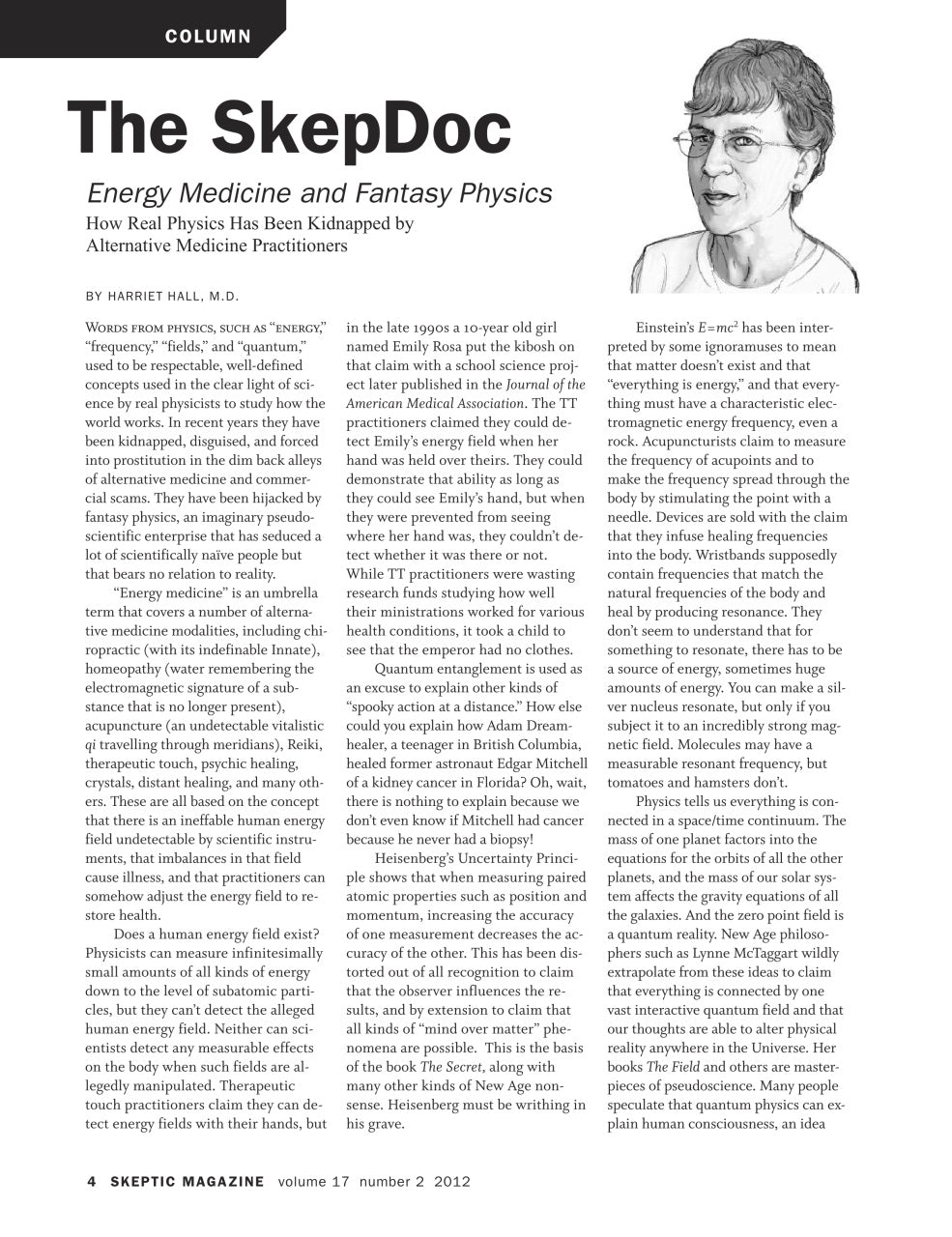 A single-page magazine article from Skeptic Magazine titled 'The SkeptDoc' about alternative medicine practices, featuring a large title, author credit, a small inset photo, and multiple columns of text on a white page.
[additional_image_link]