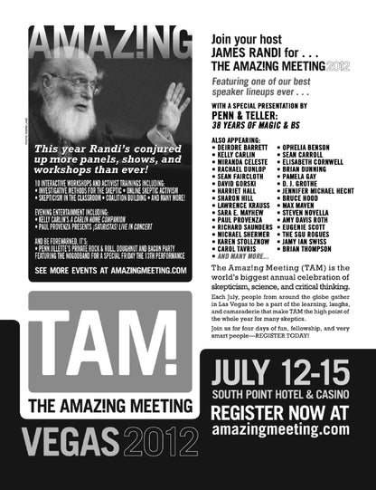 A black and white promotional flyer for the Amazing Meeting 2012 in Vegas, featuring event details, speaker names, and registration information.
[additional_image_link]