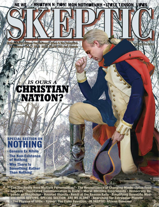 Skeptic magazine cover featuring a man in a historical military uniform kneeling in a snowy outdoor setting, with large 'SKEPTIC' masthead and cover text reading 'IS OURS A CHRISTIAN NATION?'.
[image_link]