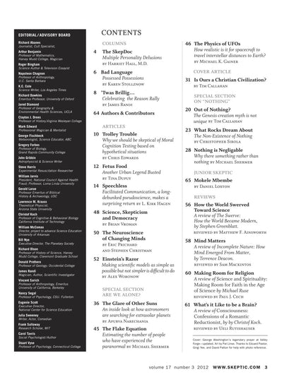 A printed magazine or journal contents page with a dark gray left sidebar containing editorial board names and a white main area listing article titles, page numbers, and publication details.
[additional_image_link]