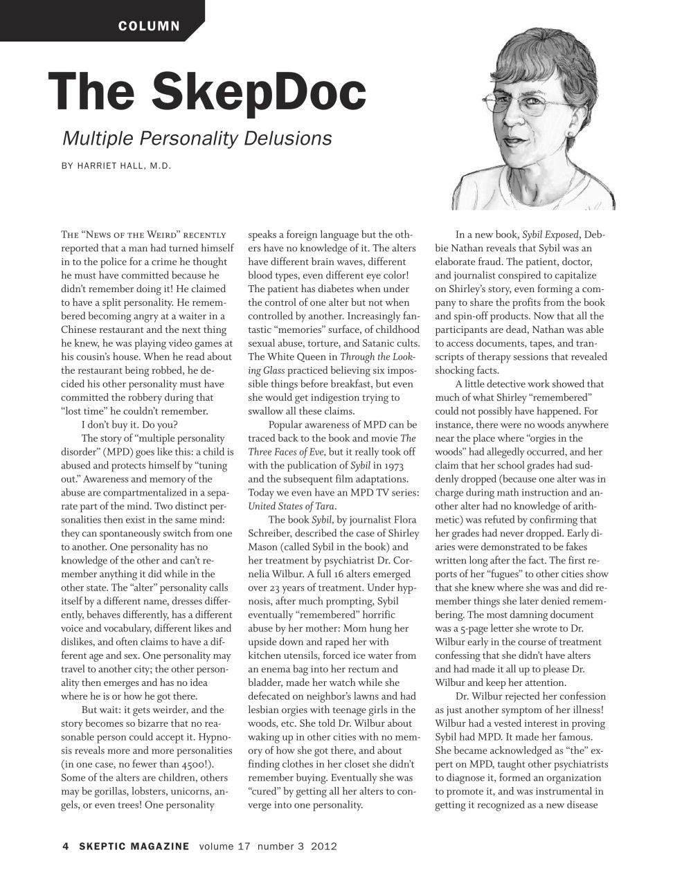 A single printed magazine page titled "The Skeptic" with the subtitle "Multiple Personality Delusions" and body text columns, plus a small black-and-white circular photo in the upper right.
[additional_image_link]