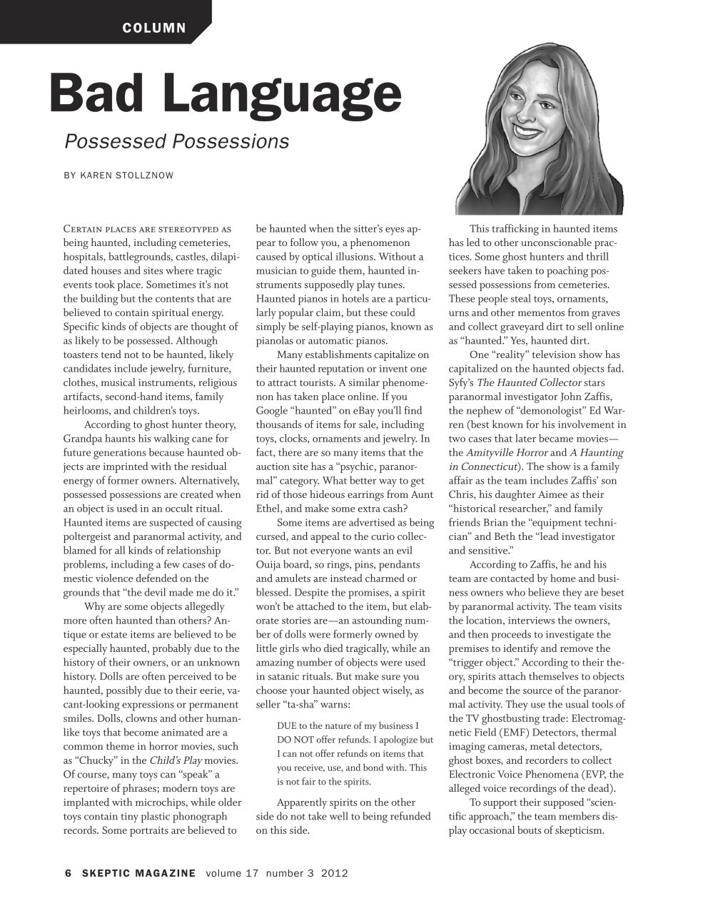 A single-page magazine article layout titled "Bad language: Possessed Possessions" with the byline "By Karen Stollman" and a large column of black text on a white page.
[additional_image_link]