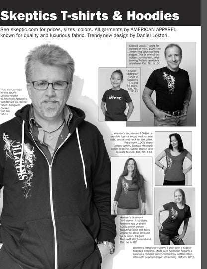 A promotional catalog page for Skeptics T-shirts & Hoodies, featuring a large black-and-white portrait of a man wearing a Skeptics hoodie, with smaller color/size and product photos, text descriptions, and a header reading 'Skeptics T-shirts & Hoodies'.
[additional_image_link]