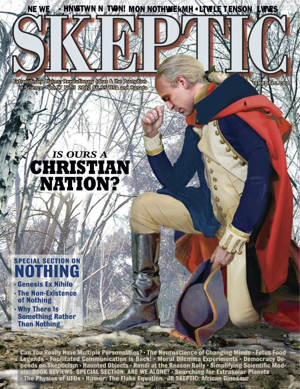 Skeptic magazine cover featuring a man in a historical military uniform kneeling in a snowy outdoor setting, with large 'SKEPTIC' masthead and cover text reading 'IS OURS A CHRISTIAN NATION?'.
[additional_image_link]