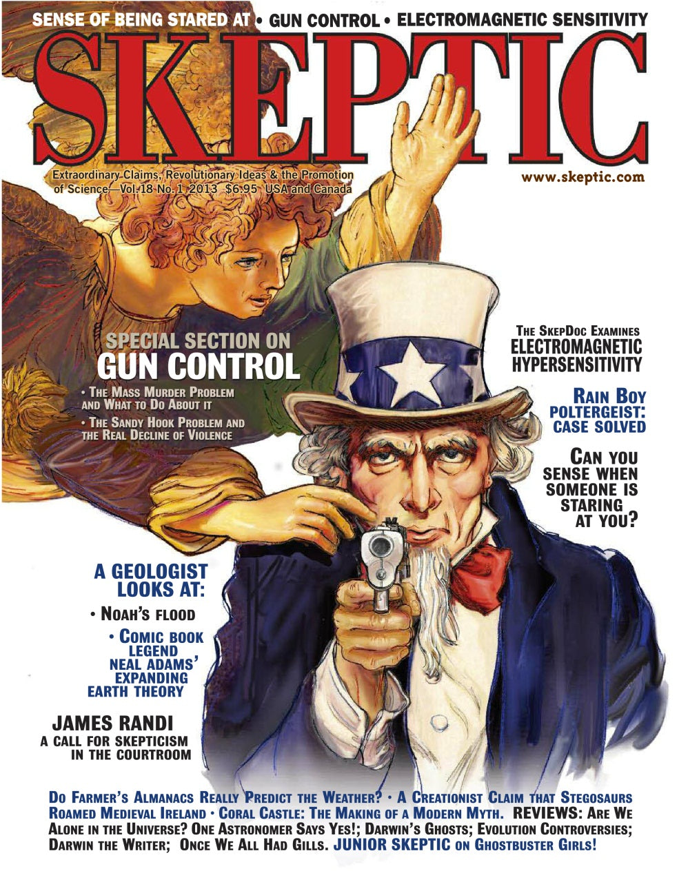 Front cover of Skeptic magazine featuring a collage of illustrated figures and text headlines about gun control, electromagnetic sensitivity, Noah's Flood, comic book legends, and James Randi.
[image_link]
