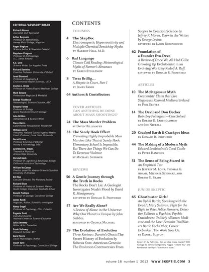 A printed or digital contents page from Skeptic magazine, showing the table of contents for Volume 18 Number 2, 2013. The page has a dark gray sidebar on the left with the magazine's editorial advisory board and issue information, followed by a white main column listing article titles, authors, and review subjects.
[additional_image_link]