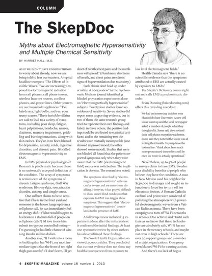 A single-page magazine article from Skeptic Magazine titled "The SkepDoc" with a small portrait of Dr. Harvey Mall in the top right.
[additional_image_link]