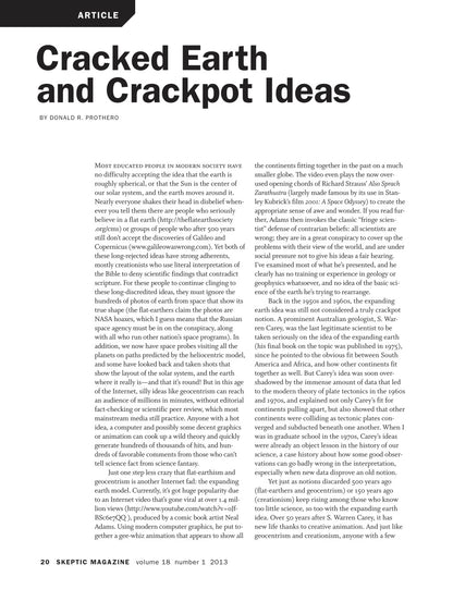 A single-page magazine article layout from Skeptic Magazine, volume 18 number 7, 2013, titled 'Cracked Earth and Crapshot Ideas' by Donald R. Prothero.
[additional_image_link]