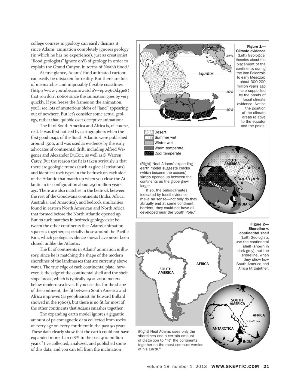 A printed page from a geology textbook or magazine featuring an article about plate tectonics, with paragraphs of text, a labeled diagram of continents and ocean basins, and two small maps labeled Figure 1 and Figure 2.
[additional_image_link]