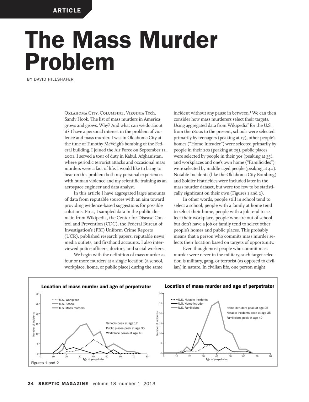 A single-page article layout from Skeptic Magazine titled "The Mass Murder Problem" with a byline, body text, and two small line graphs near the bottom left.
[additional_image_link]