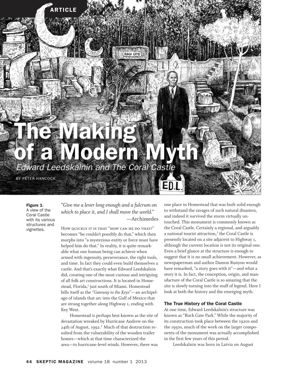A scanned or photographed page from Skeptic Magazine featuring an article titled "The Making of a Modern Myth" by Peter Handke, with a black-and-white illustration, body text, and a small figure labeled Edl. The page is mostly white with black text and graphics.
[additional_image_link]