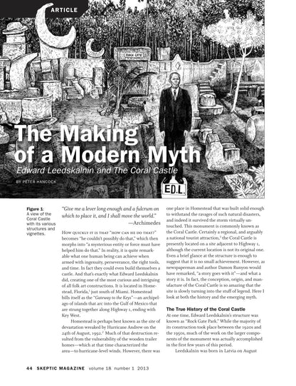 A scanned or photographed page from Skeptic Magazine featuring an article titled "The Making of a Modern Myth" by Peter Handke, with a black-and-white illustration, body text, and a small figure labeled Edl. The page is mostly white with black text and graphics.
[additional_image_link]