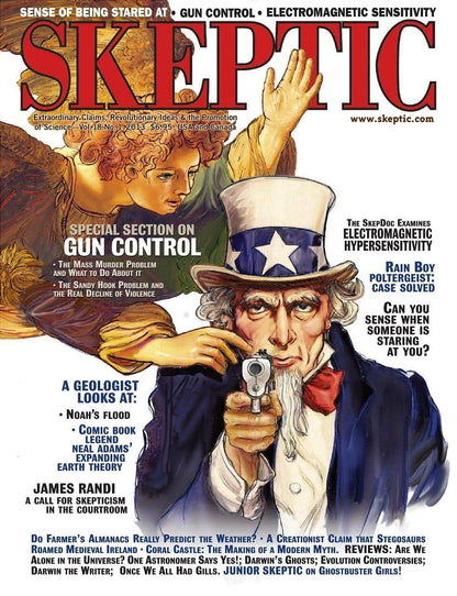 Front cover of Skeptic magazine featuring a collage-style illustration with Uncle Sam pointing a gun toward an overlaid hand, plus large red title text and multiple article teasers on a white background.
[additional_image_link]