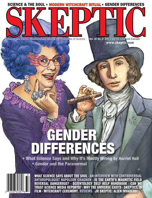Front cover of Skeptic magazine featuring a satirical illustration of Harriet Hall and a man in historical clothing with the large title 'GENDER DIFFERENCES' and the Skeptic logo at the top.
[image_link]