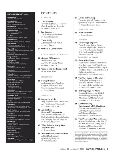 A printed or digital Contents page from Skeptic.com, volume 18 number 2, showing a table of contents with article titles, authors, and editorial board names in black text on a white page.
[additional_image_link]