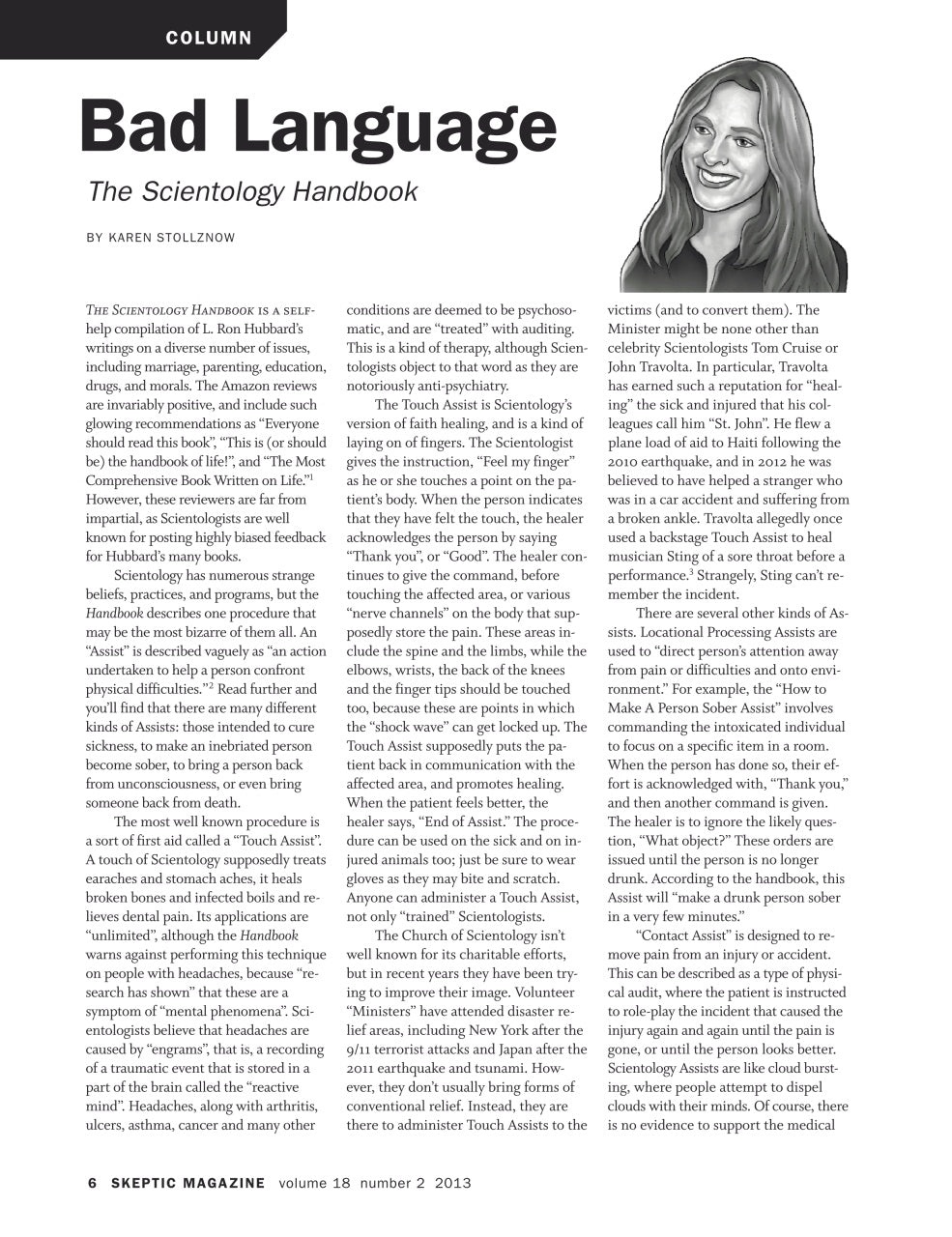 A single-page magazine article layout titled "Bad Language: The Scientology Handbook" by Karen Stonewood, with a narrow column of black text on a white page.
[additional_image_link]