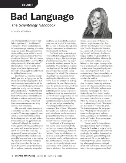 A single-page magazine article layout titled "Bad Language: The Scientology Handbook" by Karen Stonewood, with a narrow column of black text on a white page.
[additional_image_link]