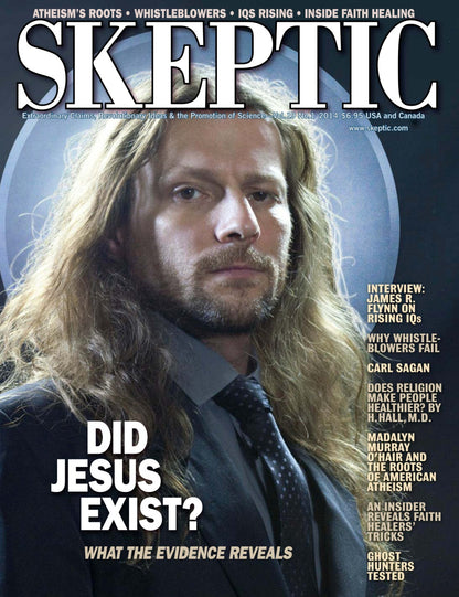 Front cover of Skeptic magazine featuring a close-up portrait of a man with long light brown hair, wearing a dark shirt and tie against a dark blue background. Large white title text reads 'SKEPTIC' at the top, with the cover headline 'DID JESUS EXIST?' and additional article titles on the right.
[image_link]