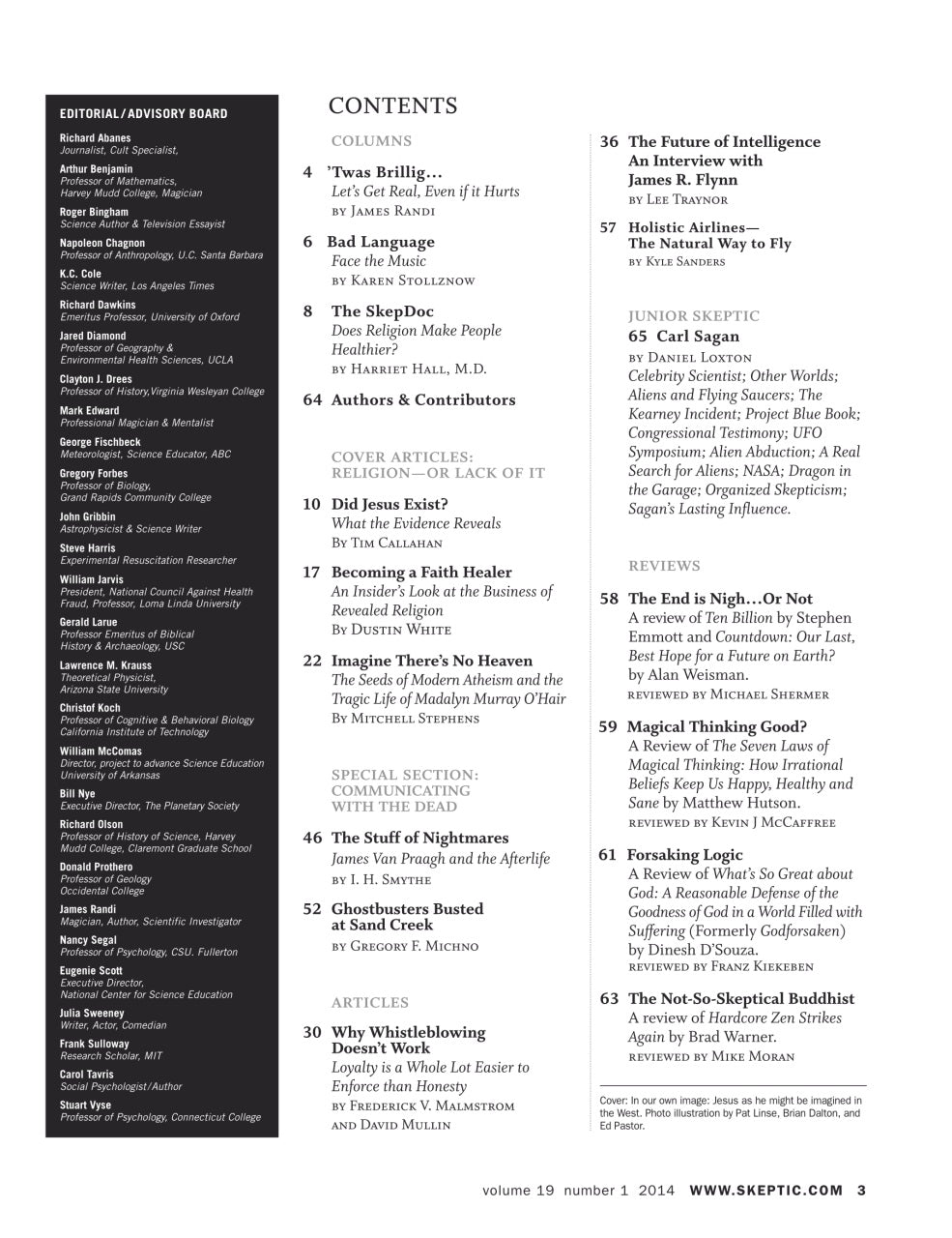A printed magazine or journal contents page with a dark gray left sidebar reading 'EDITORIAL ADVISORY BOARD' and a white main area titled 'CONTENTS' with article titles, authors, and page numbers.
[additional_image_link]