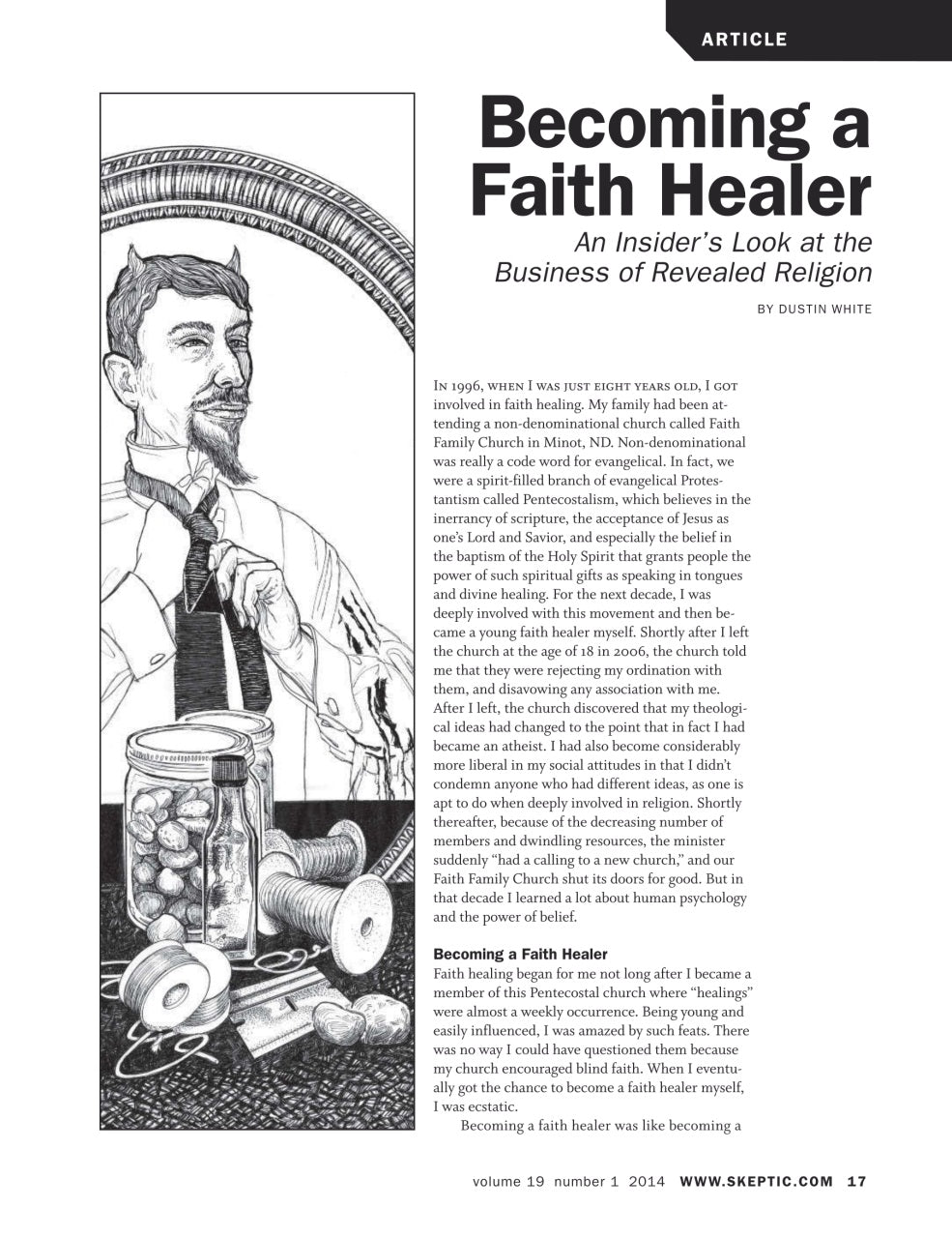 A single printed page or booklet spread titled 'Becoming a Faith Healer' with a large black-and-white illustrated face on the left and columns of text on the right. The page includes the word 'ARTICLE' at the top and a website URL at the bottom.
[additional_image_link]