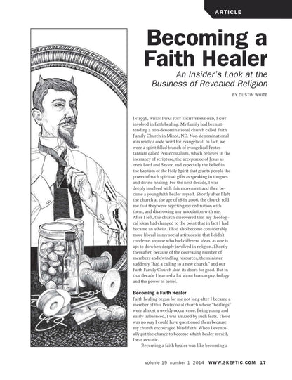 A single printed page or booklet spread titled 'Becoming a Faith Healer' with a large black-and-white illustrated face on the left and columns of text on the right. The page includes the word 'ARTICLE' at the top and a website URL at the bottom.
[additional_image_link]