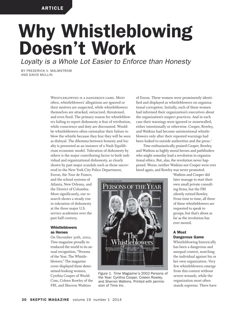 A single-page magazine article page from Skeptic Magazine, Volume 19 Number 3, titled 'Why Whistleblowing Doesn't Work'. The page features a black-and-white layout with the headline in bold black text, body paragraphs in black serif font, a small inset photo of a 'Person of the Year' award winner, and a sidebar titled 'A Most Dangerous Game'.
[additional_image_link]