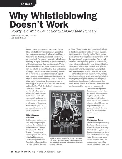 A single-page magazine article page from Skeptic Magazine, Volume 19 Number 3, titled 'Why Whistleblowing Doesn't Work'. The page features a black-and-white layout with the headline in bold black text, body paragraphs in black serif font, a small inset photo of a 'Person of the Year' award winner, and a sidebar titled 'A Most Dangerous Game'.
[additional_image_link]