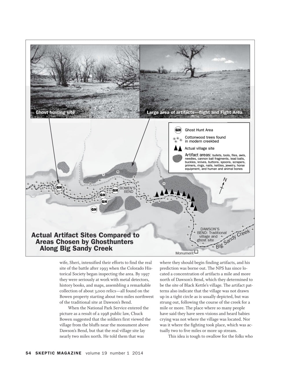 A printed page from Skeptic Magazine featuring a map and labeled artifact sites from a ghost hunting article, with text, a legend, and two small photographs at the top.
[additional_image_link]