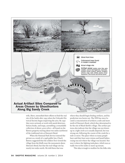A printed page from Skeptic Magazine featuring a map and labeled artifact sites from a ghost hunting article, with text, a legend, and two small photographs at the top.
[additional_image_link]