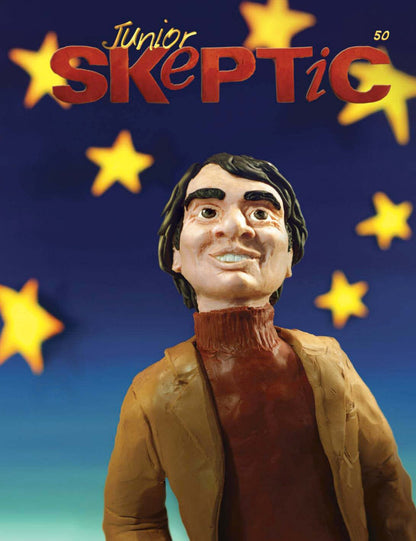 Front cover of Junior Skeptic magazine featuring a sculpted clay figure of a man in a brown jacket and reddish-brown turtleneck against a dark blue background with yellow stars. The title 'Junior Skeptic' appears in large red letters at the top, with the issue number 50 in the upper right.
[additional_image_link]