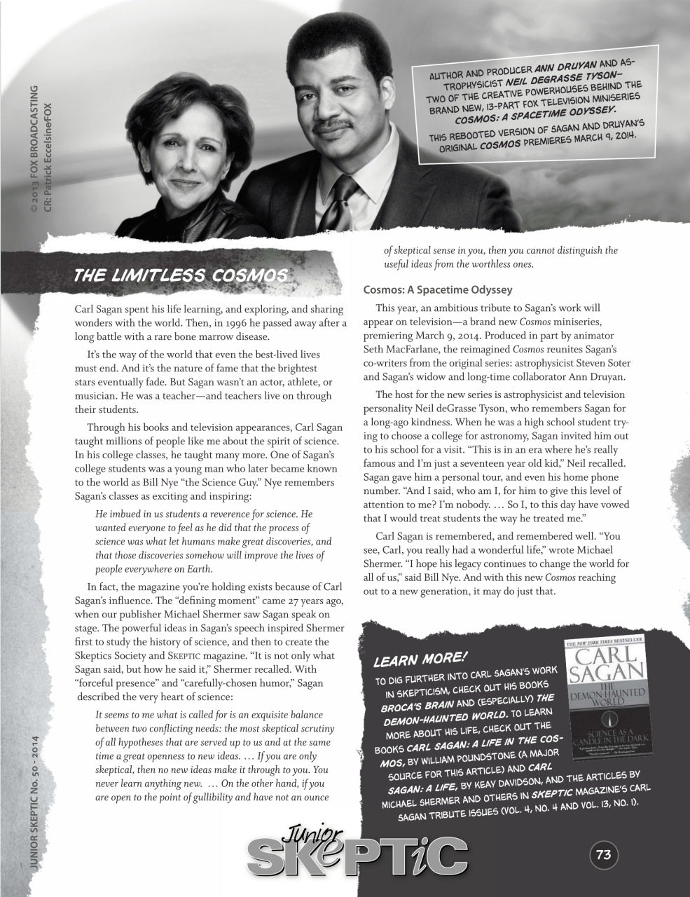 A printed magazine or book page with multiple text blocks, a small black-and-white photo of a person in a studio, and a large gray rectangular overlay obscuring the center. The page includes headings such as 'THE LIMITLESS COSMOS' and 'CONTACT.
[additional_image_link]