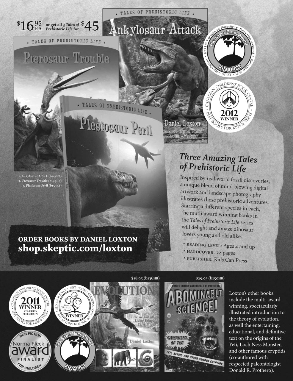 A grayscale promotional collage for Daniel Loxton's 'Tales of Prehistoric Life' book series, featuring multiple book covers, author text, award seals, and website information.
[additional_image_link]