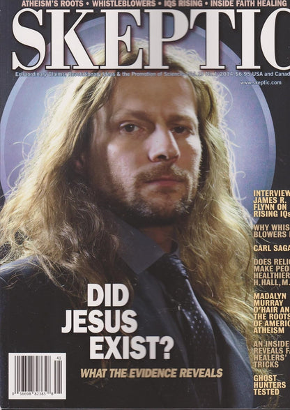 Front cover of Skeptic magazine featuring a portrait of a bearded man with long blonde hair, large white title text at the top, and the headline 'DID JESUS EXIST?' on a dark background.
[additional_image_link]