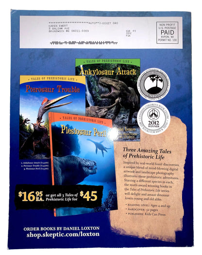 A book bundle cover for 'Three Amazing Tales of Prehistoric Life' by Daniel Loxton, featuring three illustrated book covers (Pterodactyl Trouble, Ankylosaur Attack, and Plesiosaur Part) on a blue background with a parchment-style panel on the right.
[additional_image_link]