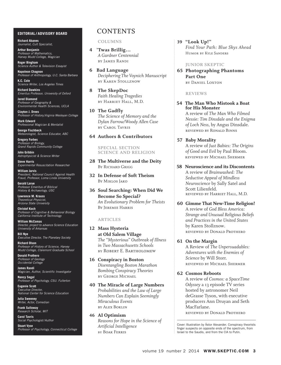 A printed magazine or journal contents page with a black-and-white layout, showing the table of contents for volume 19 number 2, including article titles, authors, and page numbers. A vertical sidebar on the left lists publication details and an editorial advisory board.
[additional_image_link]
