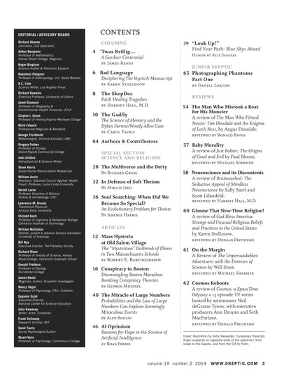 A printed magazine or journal contents page with a black-and-white layout, showing the table of contents for volume 19 number 2, including article titles, authors, and page numbers. A vertical sidebar on the left lists publication details and an editorial advisory board.
[additional_image_link]