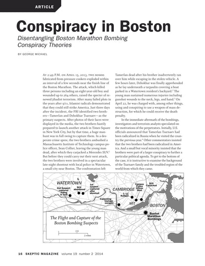 A single-page magazine article layout titled "Conspiracy in Boston" with the byline "By George Michaels" and a small map at the bottom. The page is mostly white with black text and a black-and-white map.
[additional_image_link]