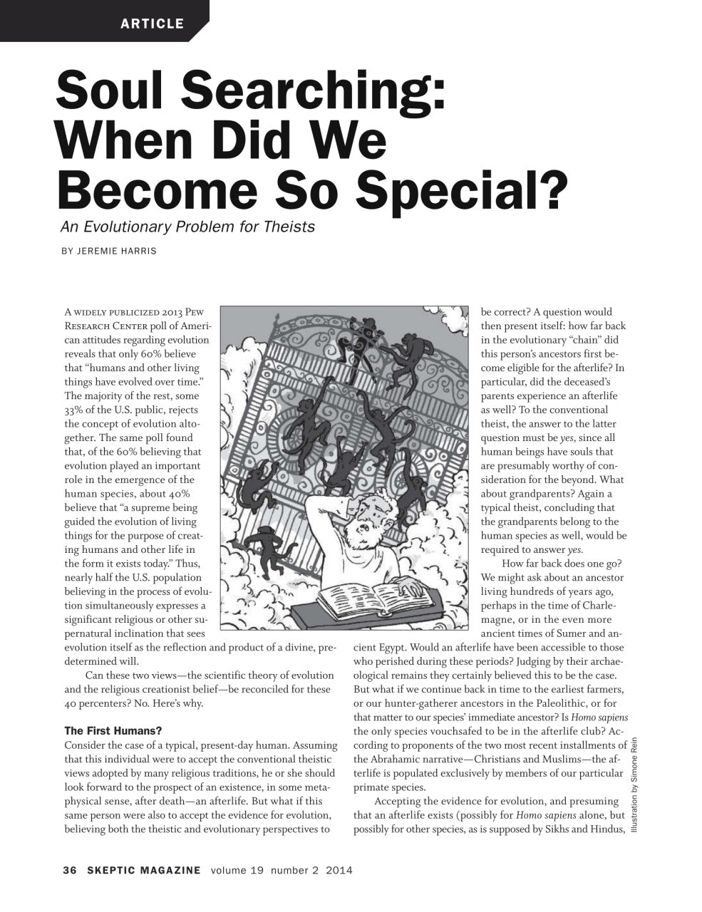 A single-page article layout from Skeptics Magazine titled "Soul Searching: When Did We Become So Special?" by Jeremie Harris, with large black headline text, body paragraphs, a small black-and-white sketch, and a white page background.
[additional_image_link]
