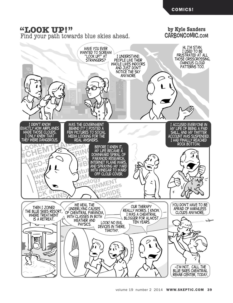 A black and white multi-panel comic strip titled "LOOK UP!" with cartoon characters and speech bubbles, plus a "COMICS!" header and website text at the top.
[additional_image_link]