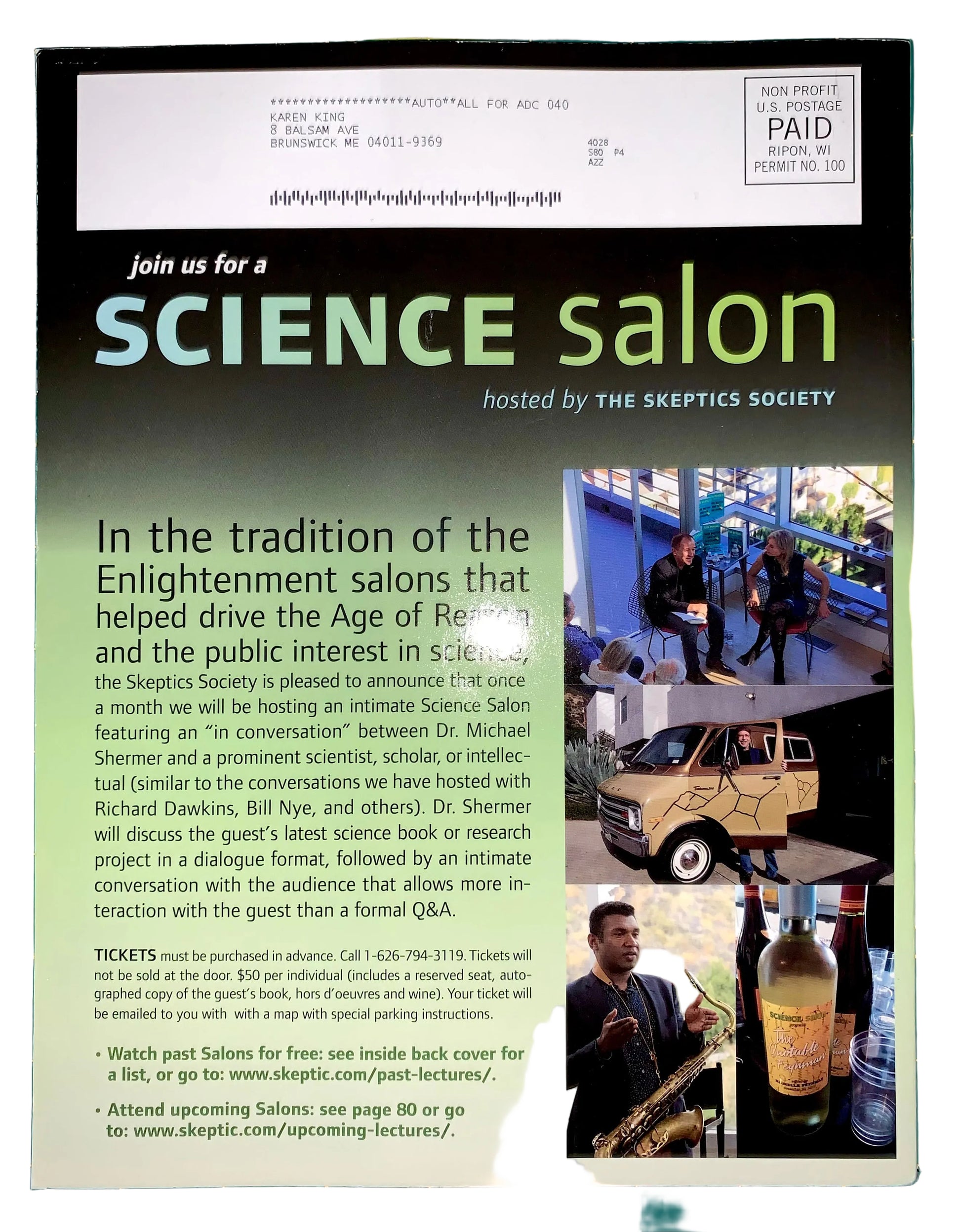 A flyer or announcement card for a Science Salon hosted by The Skeptics Society, featuring a black background, large green and white title text, and a photo of two people standing by a blue truck.
[additional_image_link]