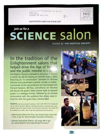 A flyer or announcement card for a Science Salon hosted by The Skeptics Society, featuring a black background, large green and white title text, and a photo of two people standing by a blue truck.
[additional_image_link]