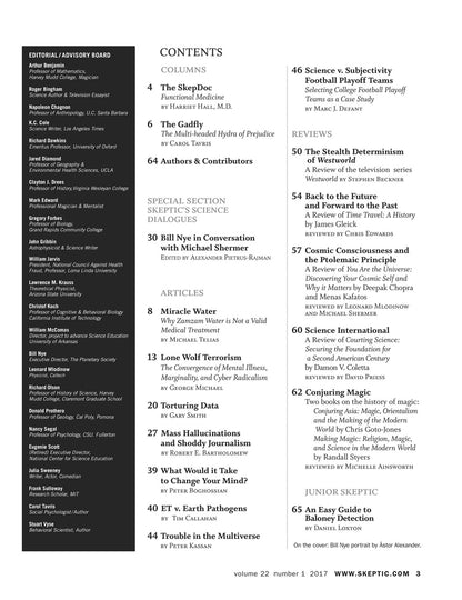 A printed or digital contents page from Skeptic magazine, showing article titles, issue information, and a dark sidebar with editor names and publication details.
[additional_image_link]