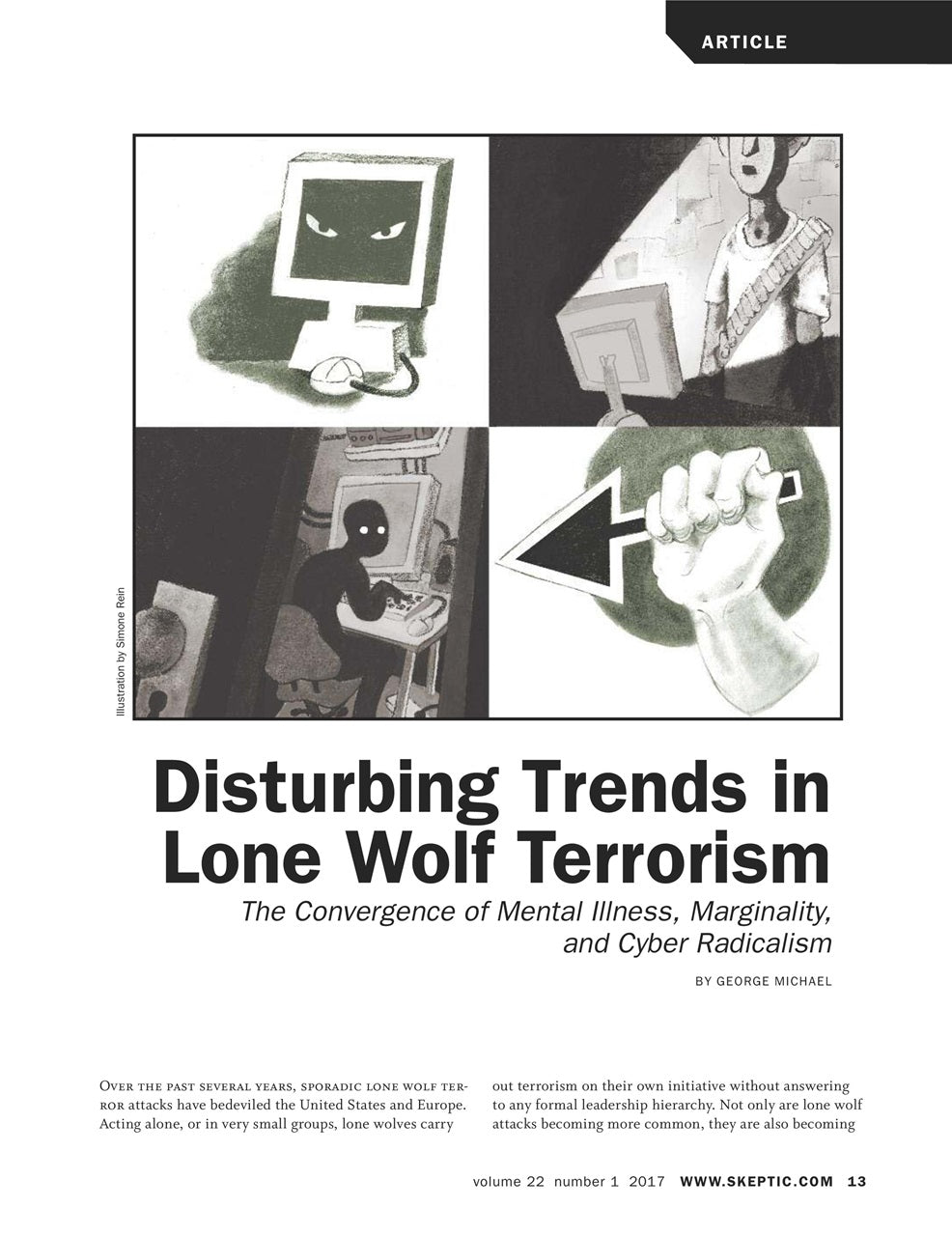A printed article page titled "Disturbing Trends in Lone Wolf Terrorism" with four black-and-white illustrated panels at the top and body text below on a white page.
[additional_image_link]