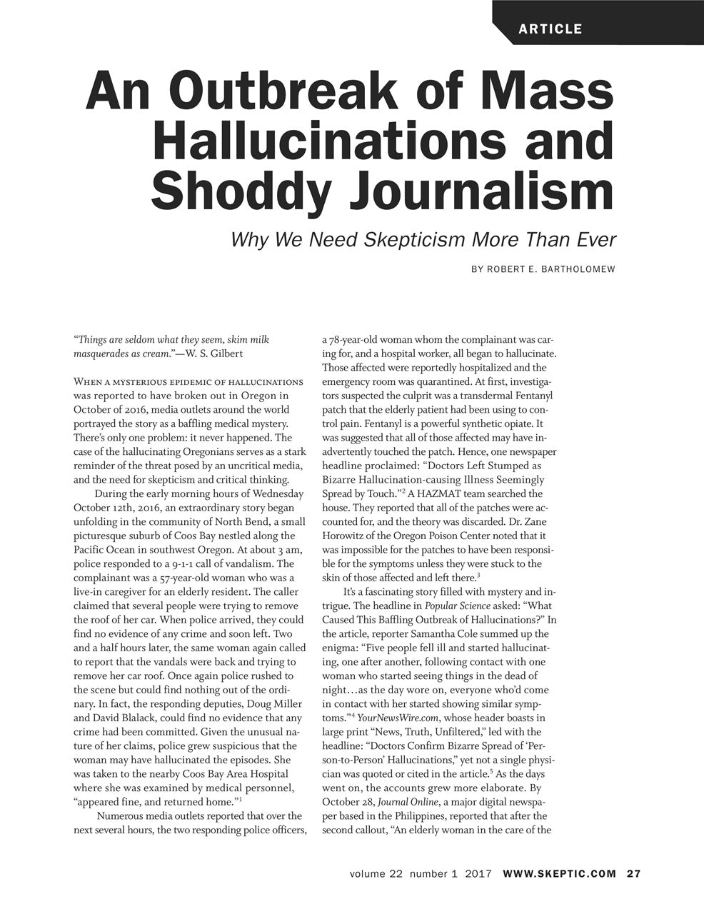 A single-page article layout with the headline 'An Outbreak of Mass Hallucinations and Shady Journalism' and the byline 'Why We Need Skepticism More Than Ever' by Robert E. Bartholomew.
[additional_image_link]