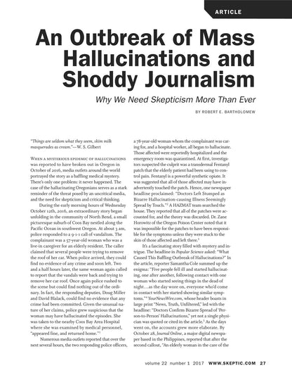 A single-page article layout with the headline 'An Outbreak of Mass Hallucinations and Shady Journalism' and the byline 'Why We Need Skepticism More Than Ever' by Robert E. Bartholomew.
[additional_image_link]