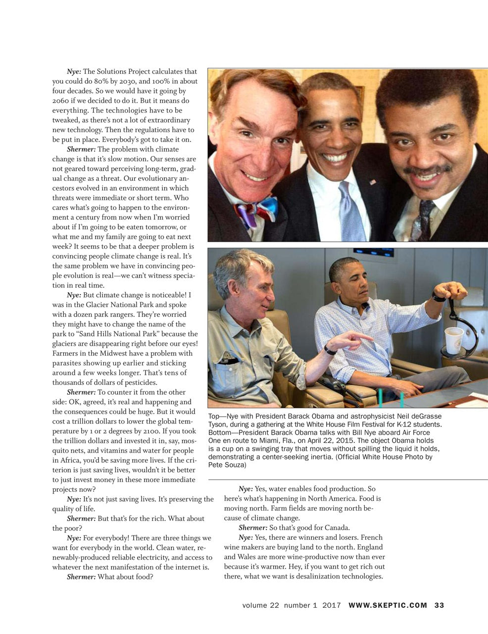 A printed magazine or brochure page with multiple paragraphs of text, a small inset photo of a man in a blue shirt and tie, and a larger photo of a man in a suit at a table. The page appears to be a page from Skeptic.
[additional_image_link]