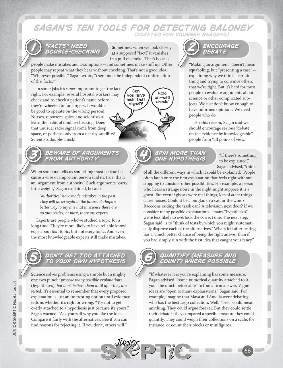 A printed informational page titled 'Sagan's Ten Tools for Detecting Baloney' with numbered tips, explanatory text, a small cartoon figure, and a large 'SPIKE' logo at the bottom.
[additional_image_link]
