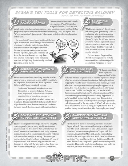 A printed informational page titled 'Sagan's Ten Tools for Detecting Baloney' with numbered tips, explanatory text, a small cartoon figure, and a large 'SPIKE' logo at the bottom.
[additional_image_link]