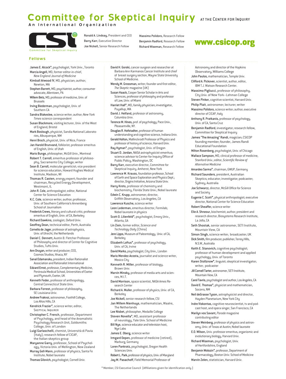 A flat, front-facing view of a white printed informational sheet or booklet page titled 'Committee for Skeptical Inquiry' with the CST logo, website text, and multiple columns of small black and green text listing organizations and names.
[additional_image_link]