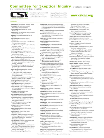 A flat, front-facing view of a white printed informational sheet or booklet page titled 'Committee for Skeptical Inquiry' with the CST logo, website text, and multiple columns of small black and green text listing organizations and names.
[additional_image_link]